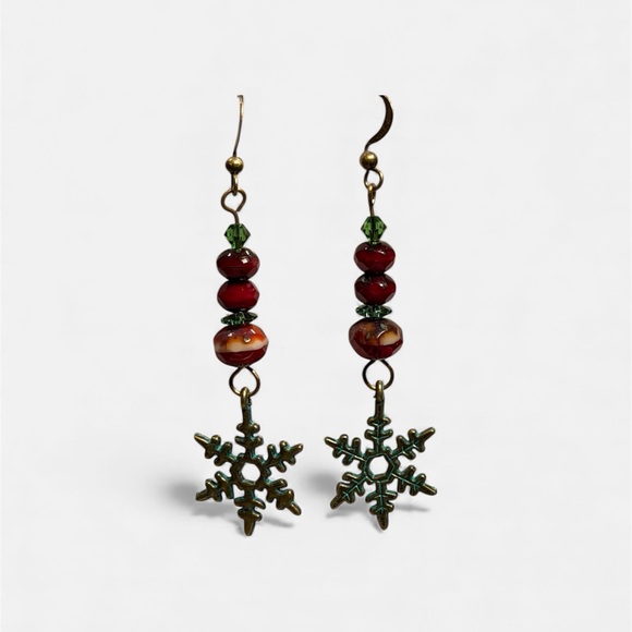 Handcrafted Red & Green Snowflake Earrings - Picture 2 of 10